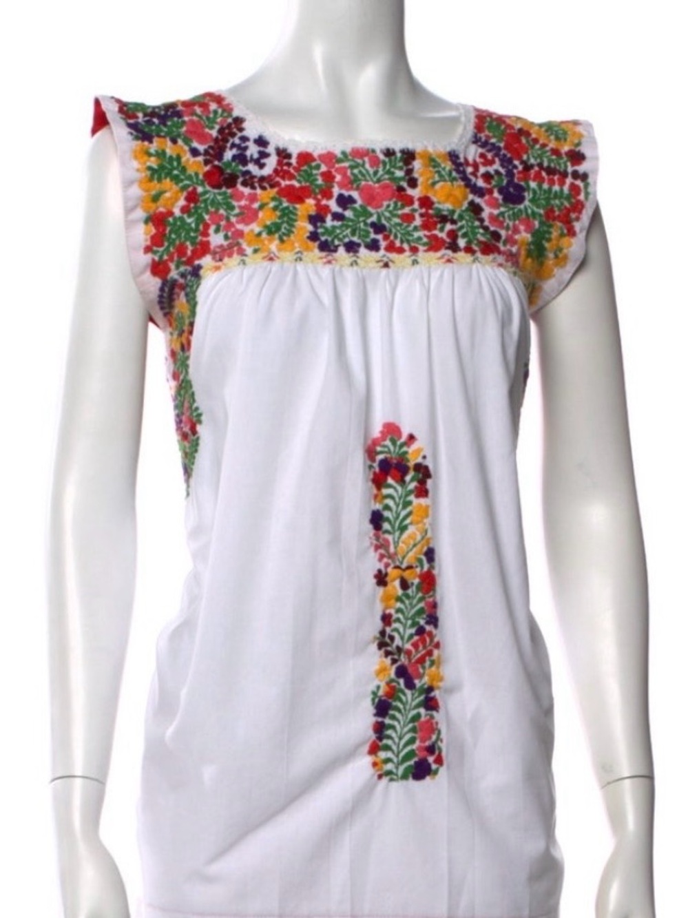 Mi Golondrina White Embroidered Floral Mexican-Style Tunic Top Size Small
